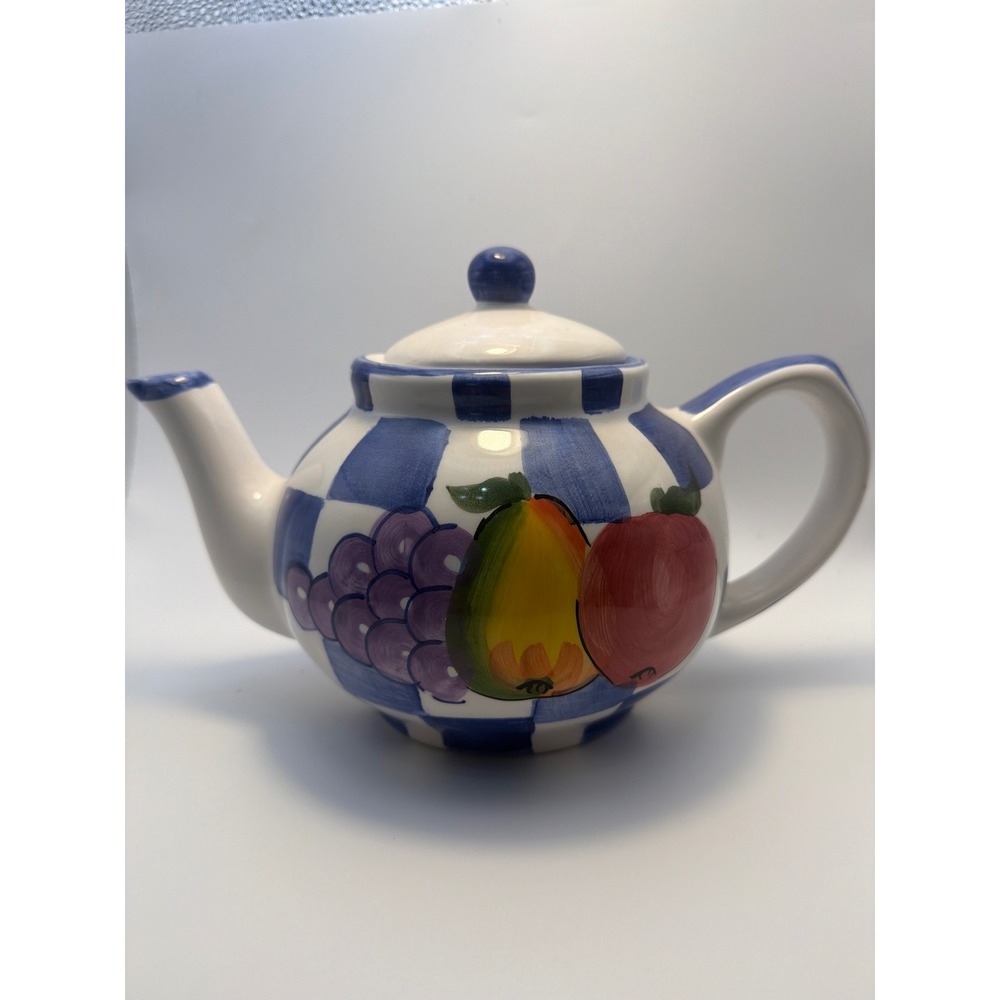 Vintage Blue White Checkered Fruit Ceramic Teapot Hand Painted Grapes Pear Apple
